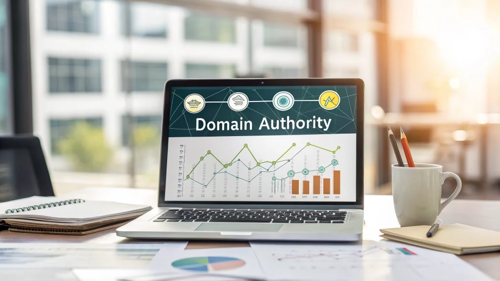 Off-Page SEO: The Complete Guide to Building Website Authority A professional, modern digital marketing dashboard showing SEO authority metrics, backlink graphs, and search ranking growth, representing Off-Page SEO authority.